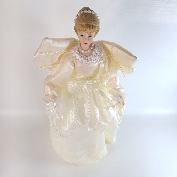 Vintage Porcelain Fabric Angel Tree Topper Holiday Christmas Decoration - Picture 3 of 9
